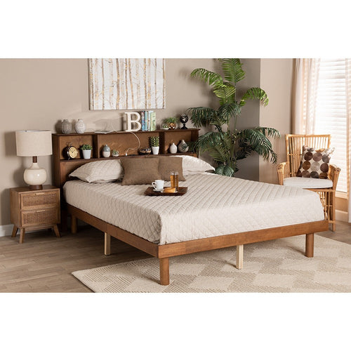 Baxton Studio Lochlan Mid-Century Modern Transitional Walnut Brown Finished Wood Full Size Platform Bed with Charging Station
