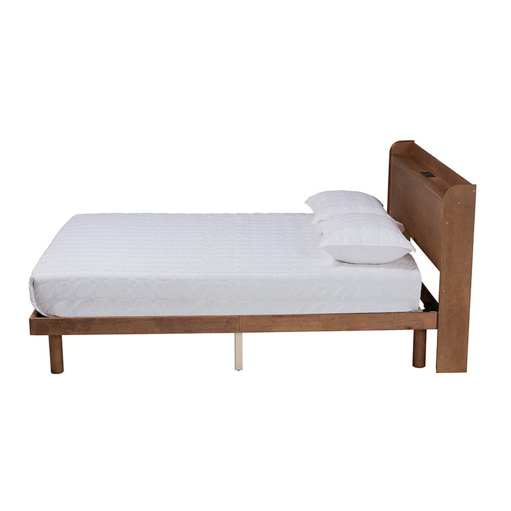 Baxton Studio Decker Mid-Century Modern Transitional Walnut Brown Finished Wood Full Size Platform Bed with Charging Station