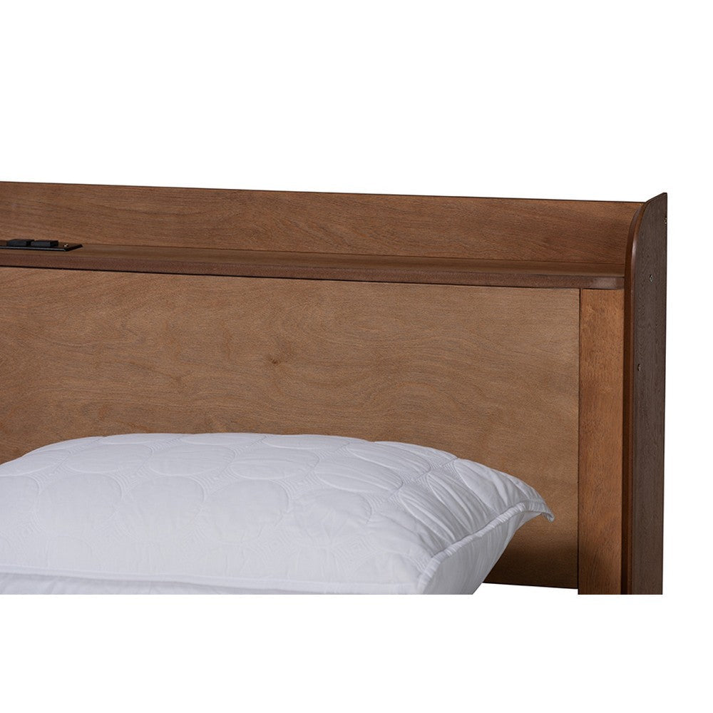 Baxton Studio Decker Mid-Century Modern Transitional Walnut Brown Finished Wood Full Size Platform Bed with Charging Station