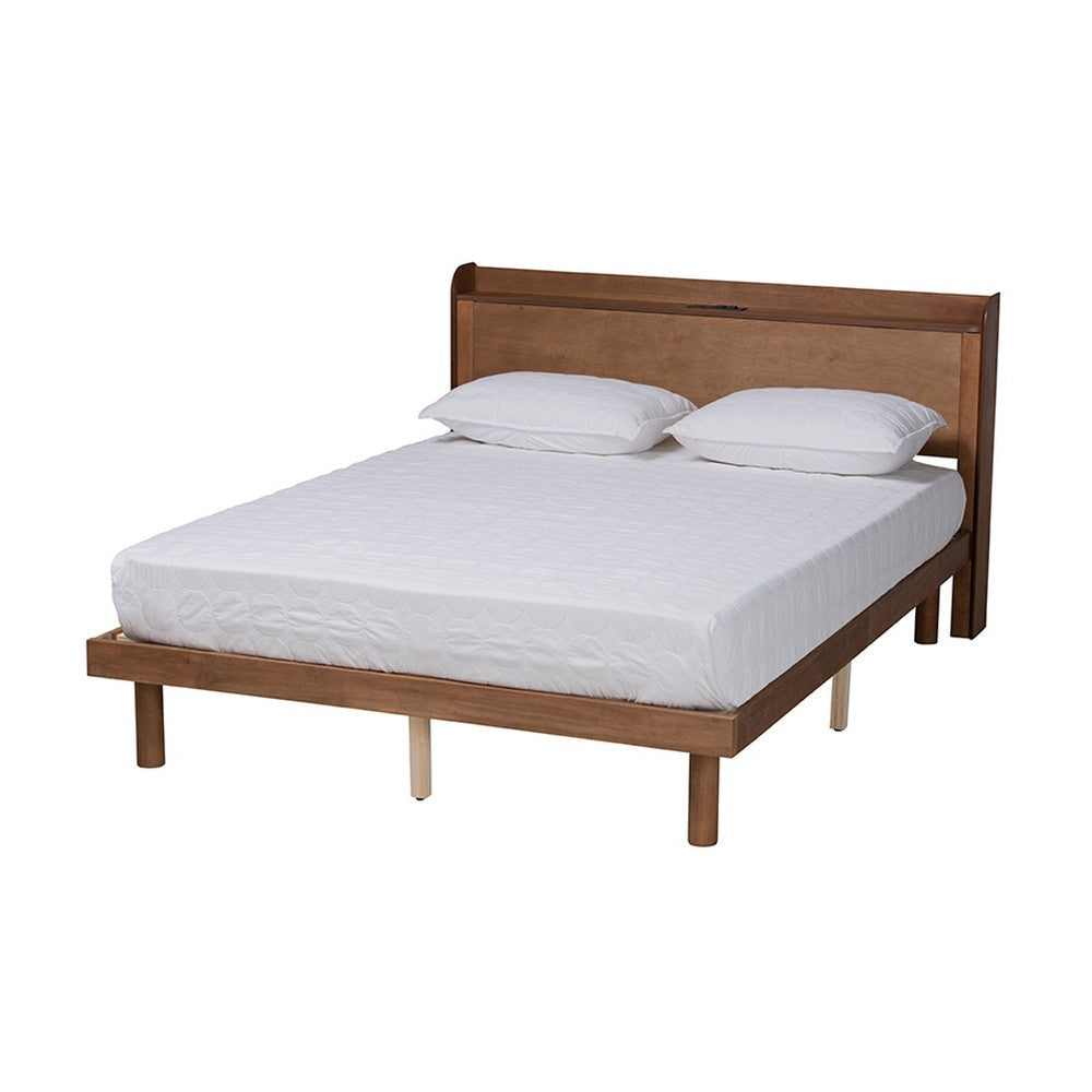 Baxton Studio Decker Mid-Century Modern Transitional Walnut Brown Finished Wood Full Size Platform Bed with Charging Station
