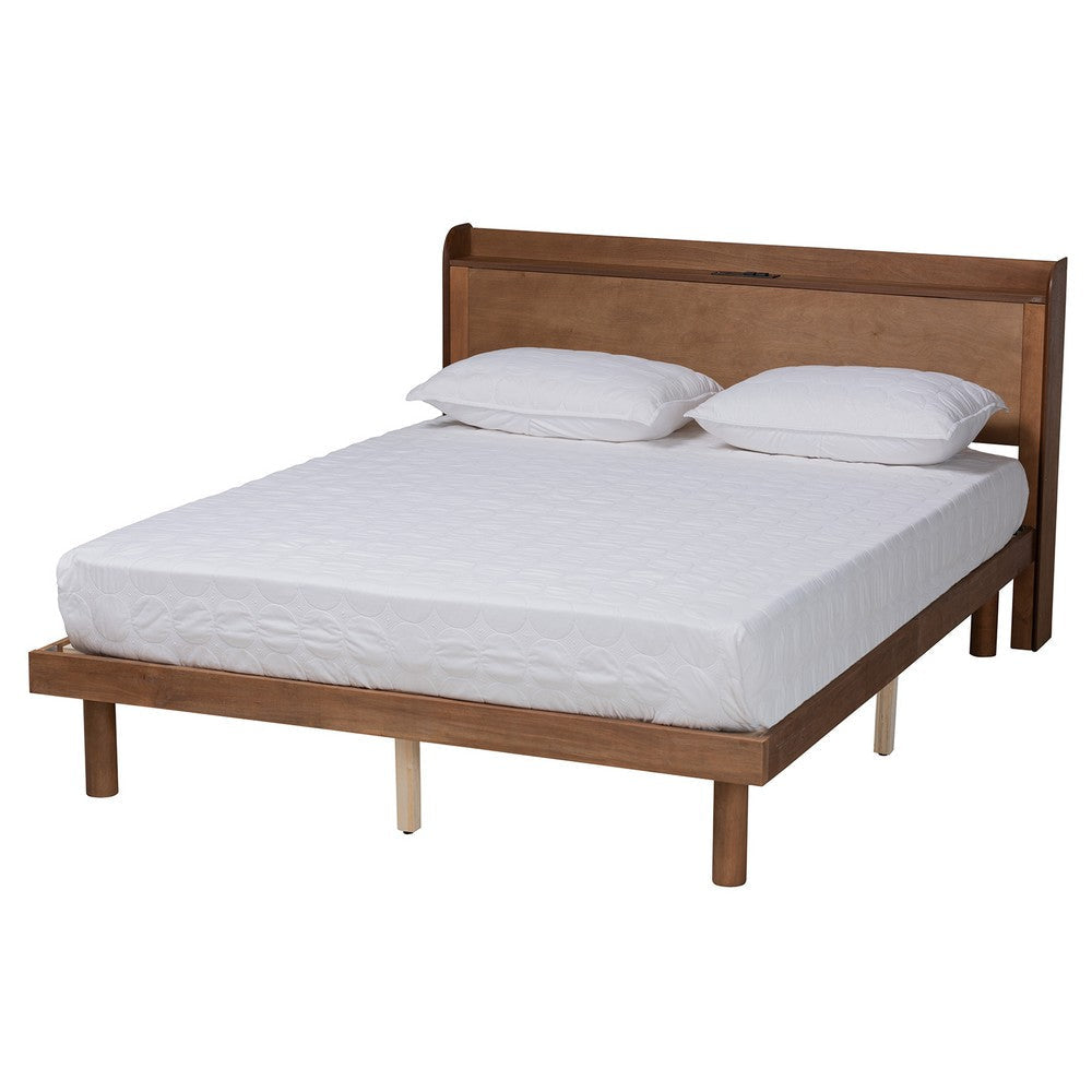 Baxton Studio Decker Mid-Century Modern Transitional Walnut Brown Finished Wood Queen Size Platform Bed with Charging Station