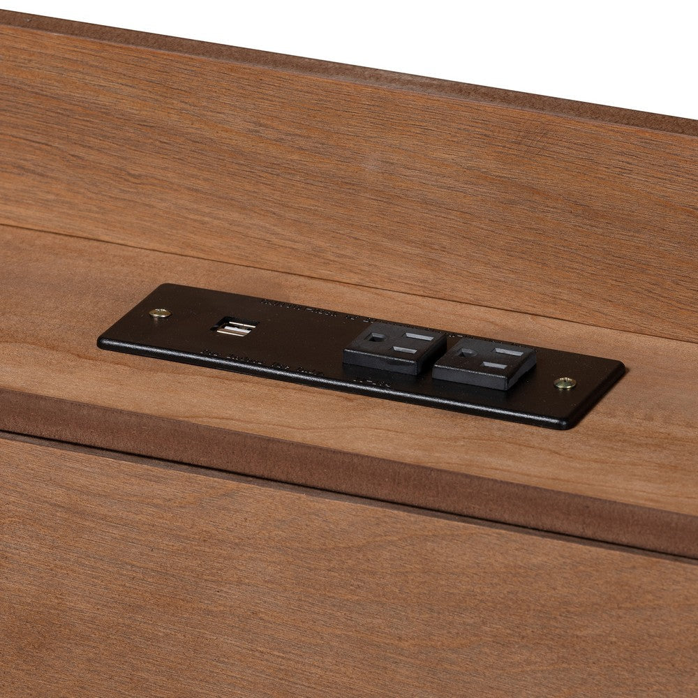 Baxton Studio Decker Mid-Century Modern Transitional Walnut Brown Finished Wood Queen Size Platform Bed with Charging Station