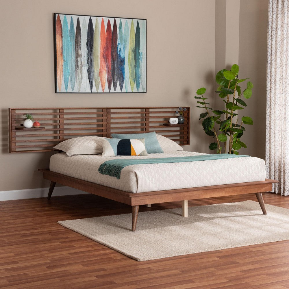 Baxton Studio Elvina Mid-Century Transitional Ash Walnut Wood Queen Size Platform Bed with Built-In Shelves WHI-MG0228-AshWalnut-Queen