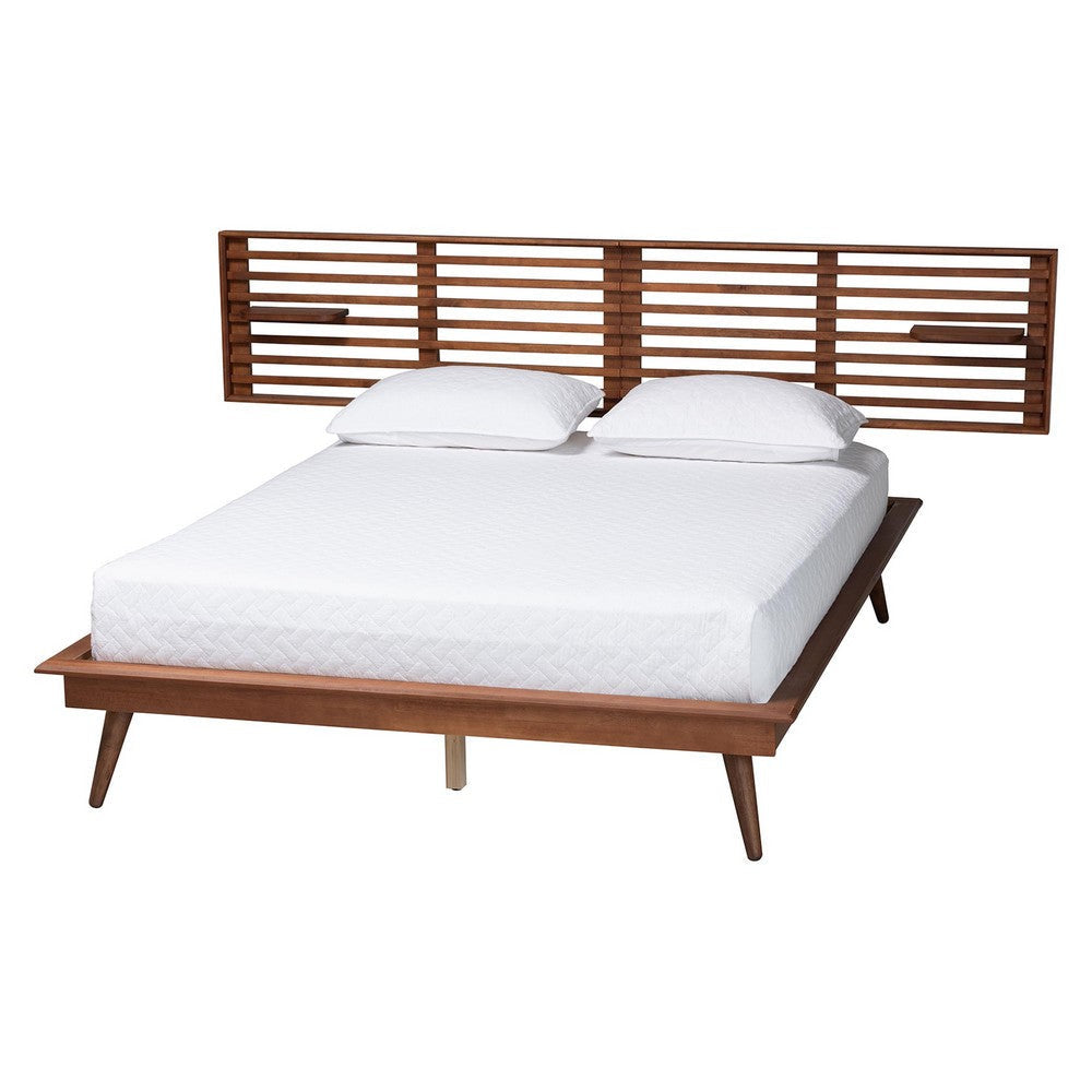 Baxton Studio Elvina Mid-Century Transitional Ash Walnut Wood Queen Size Platform Bed with Built-In Shelves WHI-MG0228-AshWalnut-Queen