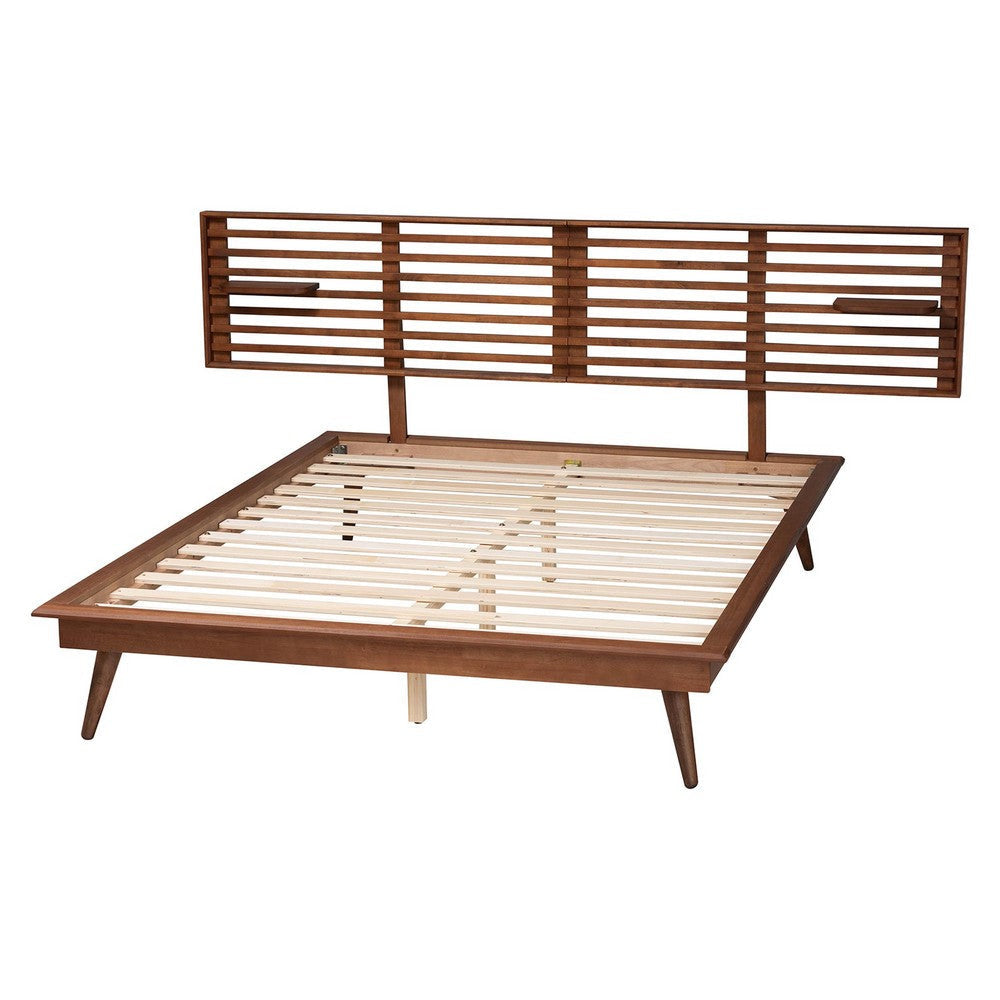 Baxton Studio Elvina Mid-Century Transitional Ash Walnut Wood Queen Size Platform Bed with Built-In Shelves WHI-MG0228-AshWalnut-Queen