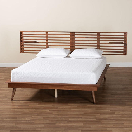 Baxton Studio Elvina Mid-Century Transitional Ash Walnut Wood Queen Size Platform Bed with Built-In Shelves