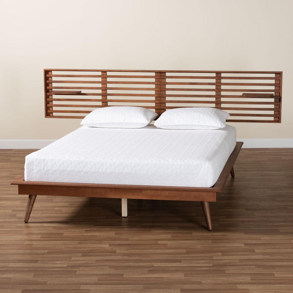 Baxton Studio Elvina Mid-Century Transitional Ash Walnut Wood Queen Size Platform Bed with Built-In Shelves