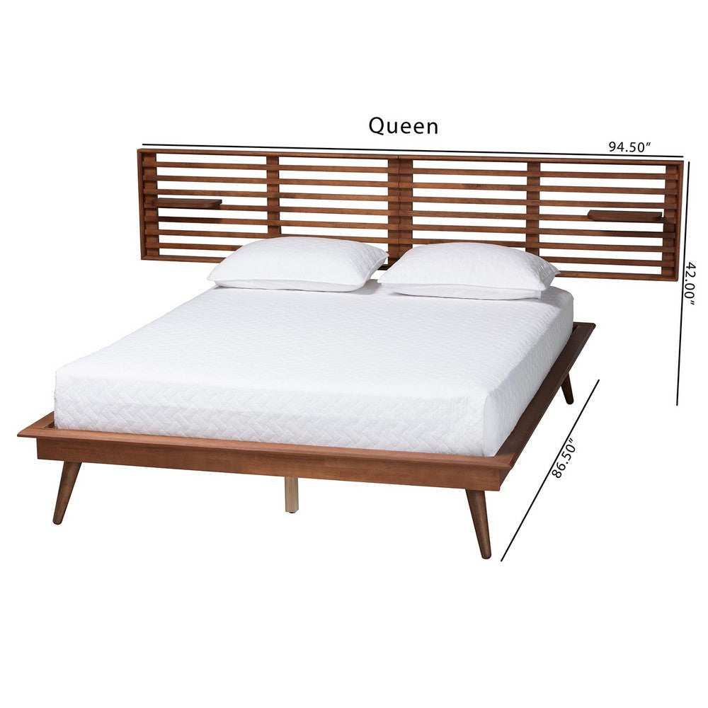 Baxton Studio Elvina Mid-Century Transitional Ash Walnut Wood Queen Size Platform Bed with Built-In Shelves WHI-MG0228-AshWalnut-Queen