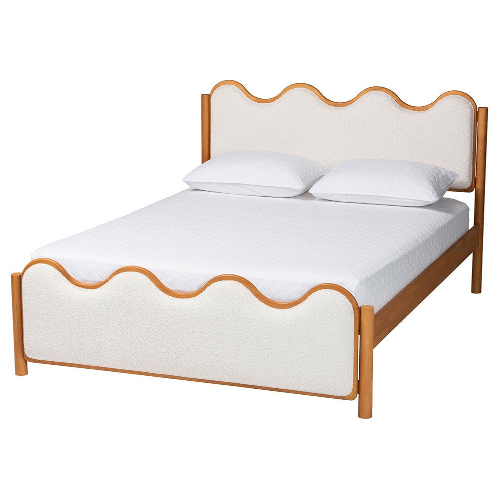Baxton Studio Lilia Mid-Century Modern Scalloped Cream Boucle and Oak Brown Wood Queen Platform Bed WHI-MG0236-Cream-Queen