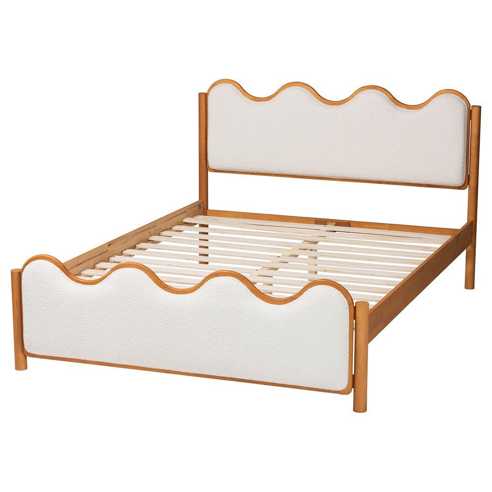 Baxton Studio Lilia Mid-Century Modern Scalloped Cream Boucle and Oak Brown Wood Queen Platform Bed WHI-MG0236-Cream-Queen
