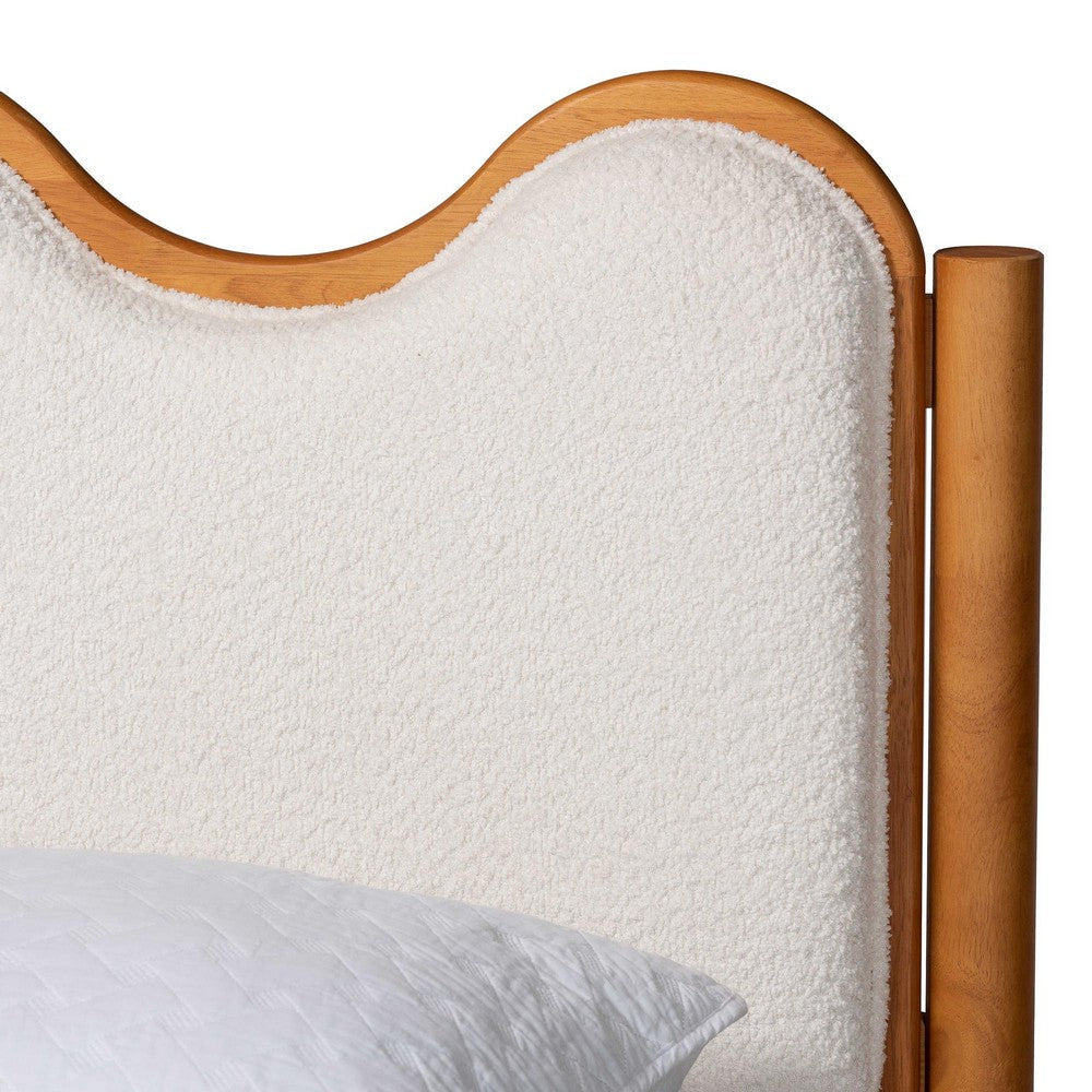 Baxton Studio Lilia Mid-Century Modern Scalloped Cream Boucle and Oak Brown Wood Queen Platform Bed WHI-MG0236-Cream-Queen