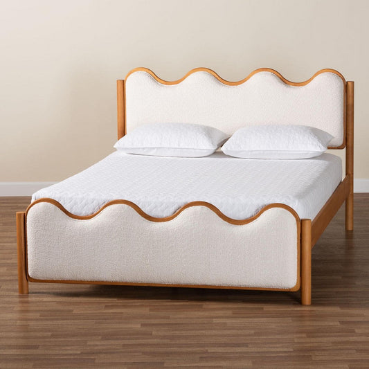 Baxton Studio Lilia Mid-Century Modern Scalloped Cream Boucle and Oak Brown Wood Queen Platform Bed
