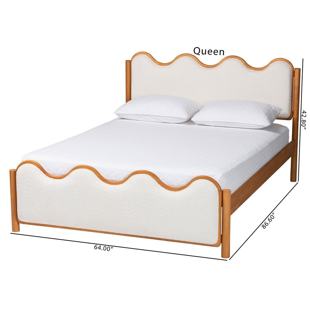 Baxton Studio Lilia Mid-Century Modern Scalloped Cream Boucle and Oak Brown Wood Queen Platform Bed WHI-MG0236-Cream-Queen