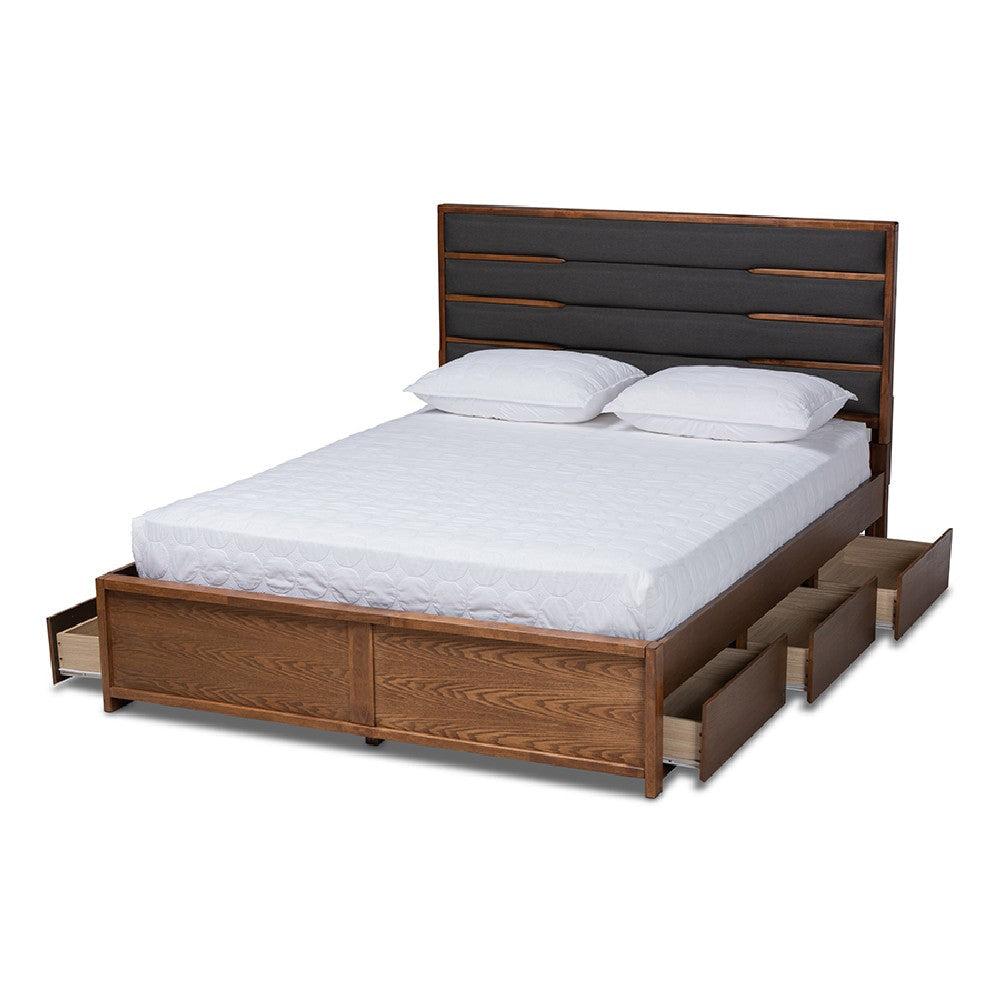 Baxton Studio Elin Modern and Contemporary Dark Grey Fabric Upholstered Walnut Finished Wood Queen Size Platform Storage Bed with Six
