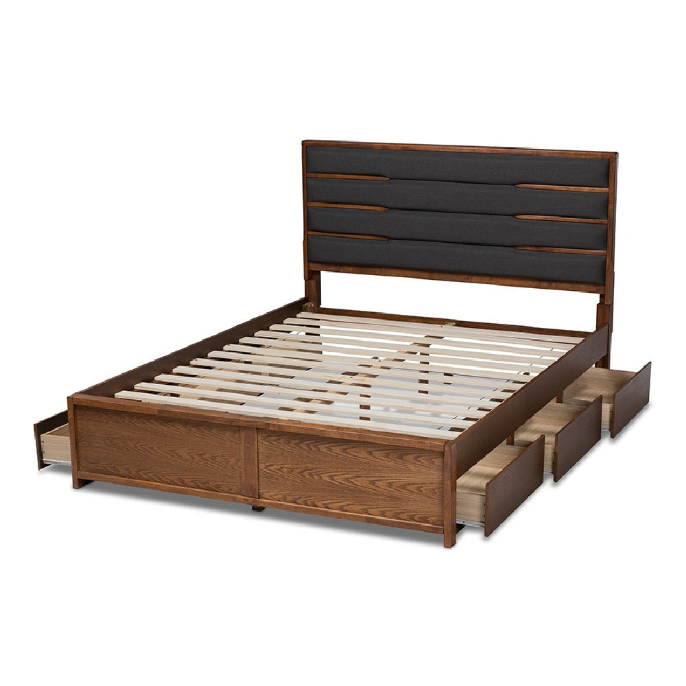 Baxton Studio Elin Modern and Contemporary Dark Grey Fabric Upholstered Walnut Finished Wood Queen Size Platform Storage Bed with Six