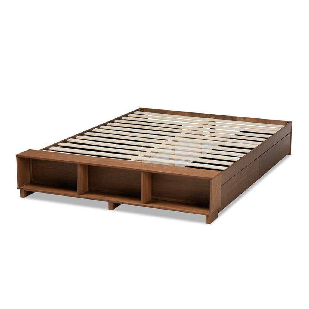 Baxton Studio Arthur Modern Rustic Ash Walnut Brown Finished Wood Full Size Platform Bed with Built-In Shelves
