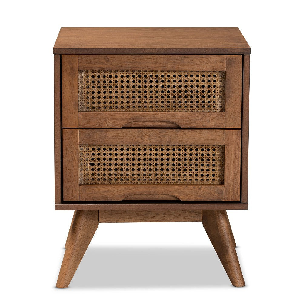 Baxton Studio Barrett Mid-Century Modern Walnut Brown Finished Wood and Synthetic Rattan 2-Drawer Nightstand WHI-MG9001-Rattan-2DW-NS