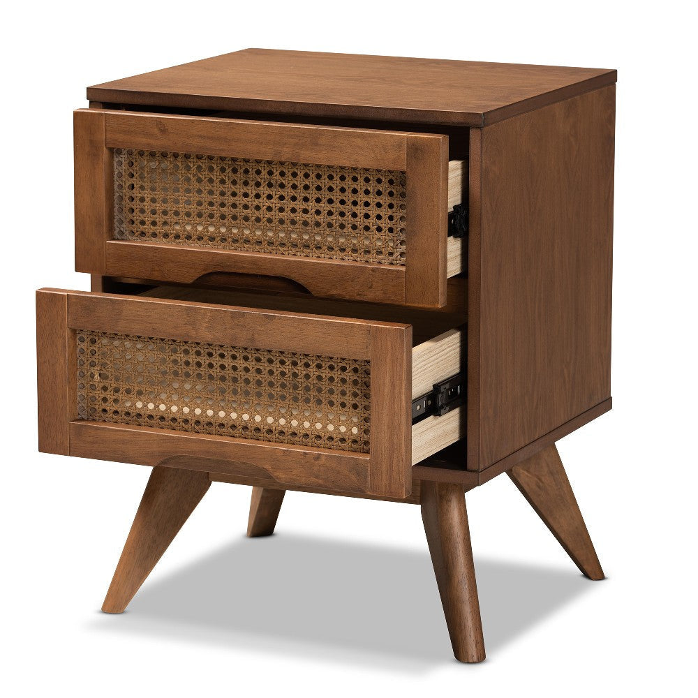 Baxton Studio Barrett Mid-Century Modern Walnut Brown Finished Wood and Synthetic Rattan 2-Drawer Nightstand WHI-MG9001-Rattan-2DW-NS