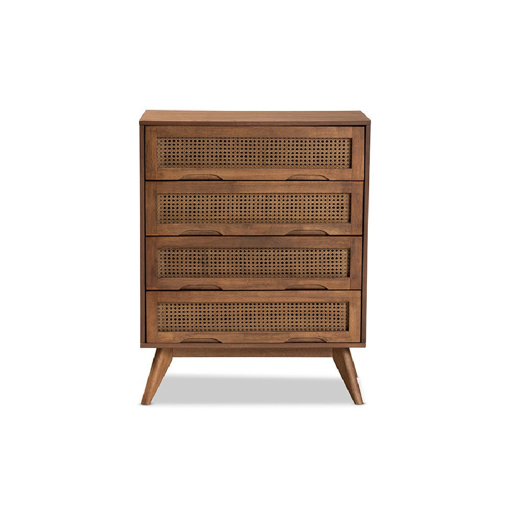 Baxton Studio Barrett Mid-Century Modern Walnut Brown Finished Wood and Synthetic Rattan 4-Drawer Chest WHI-MG9001-Rattan-4DW-Chest