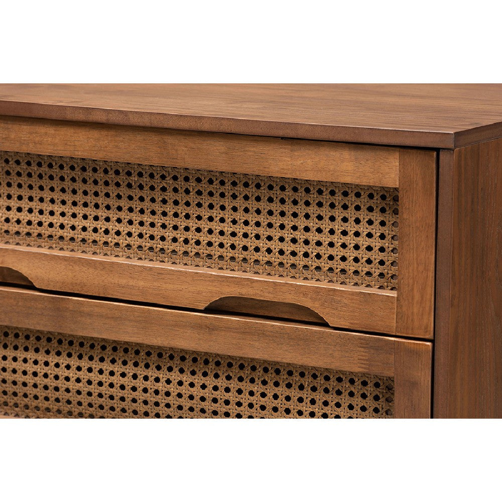 Baxton Studio Barrett Mid-Century Modern Walnut Brown Finished Wood and Synthetic Rattan 4-Drawer Chest WHI-MG9001-Rattan-4DW-Chest