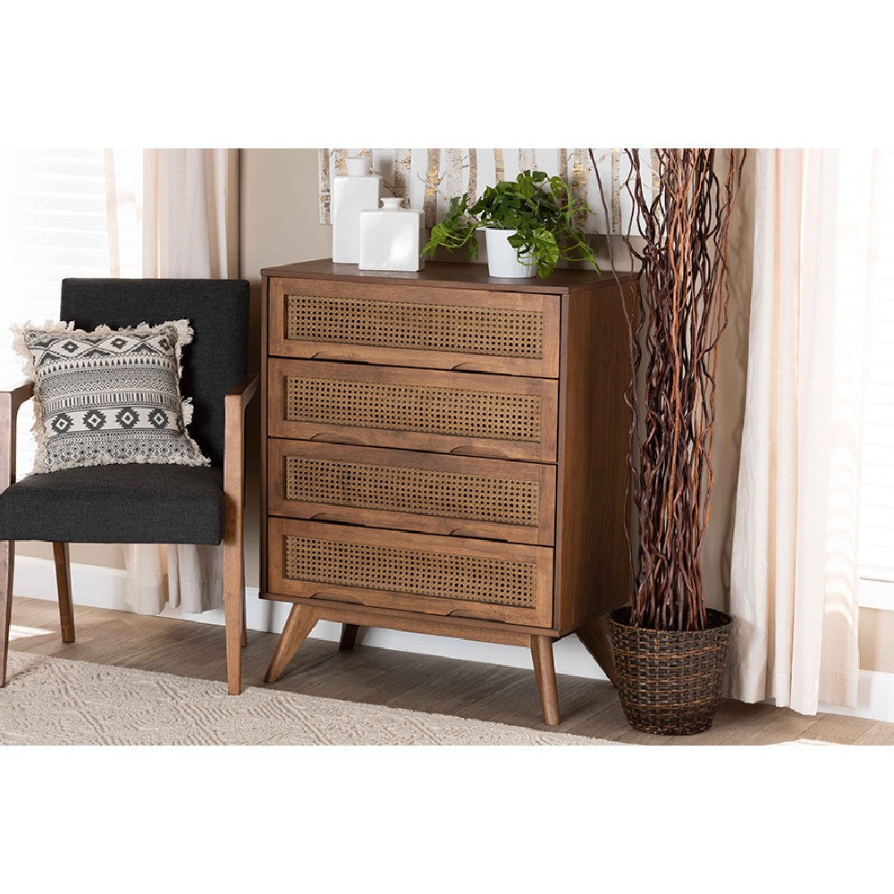 Baxton Studio Barrett Mid-Century Modern Walnut Brown Finished Wood and Synthetic Rattan 4-Drawer Chest WHI-MG9001-Rattan-4DW-Chest