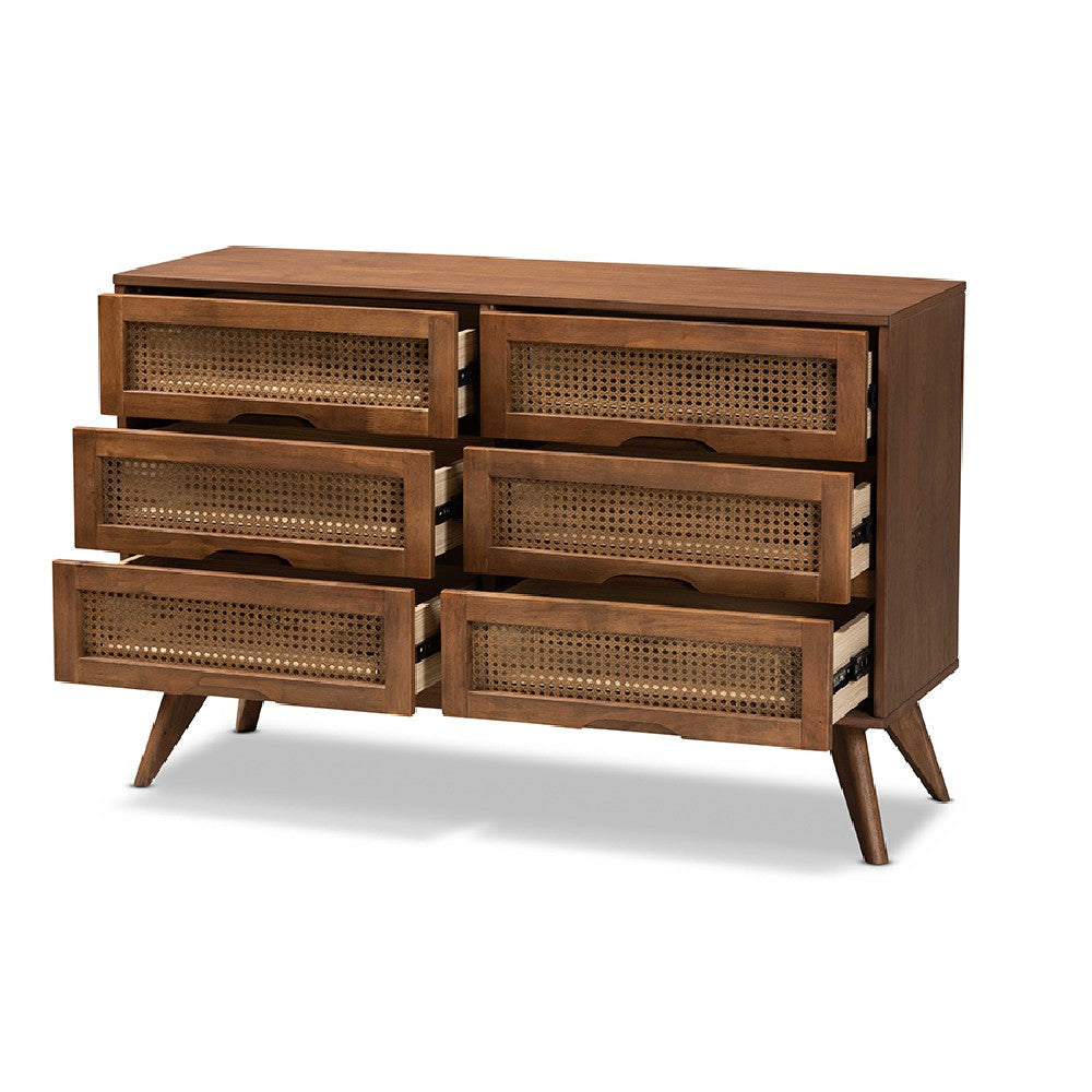 Baxton Studio Barrett Mid-Century Modern Walnut Brown Finished Wood and Synthetic Rattan 6-Drawer Dresser WHI-MG9001-Rattan-6DW-Dresser