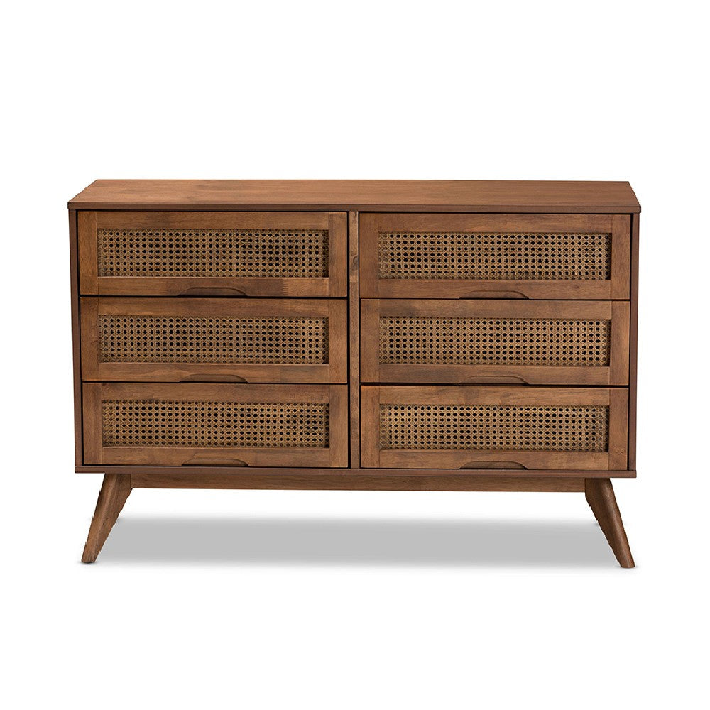 Baxton Studio Barrett Mid-Century Modern Walnut Brown Finished Wood and Synthetic Rattan 6-Drawer Dresser WHI-MG9001-Rattan-6DW-Dresser