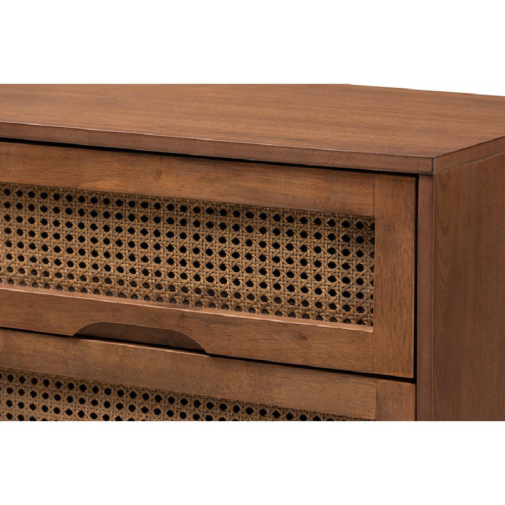 Baxton Studio Barrett Mid-Century Modern Walnut Brown Finished Wood and Synthetic Rattan 6-Drawer Dresser WHI-MG9001-Rattan-6DW-Dresser