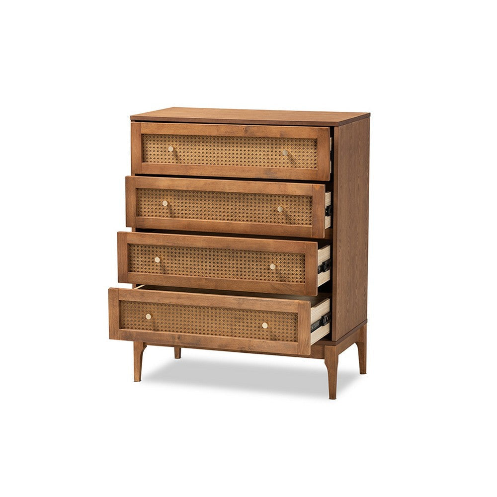Baxton Studio Ramiel Mid-Century Modern Ash Walnut Finished Wood and Rattan 4-Drawer Chest WHI-MG9005-Ash-Walnut-Rattan-4DW-Chest