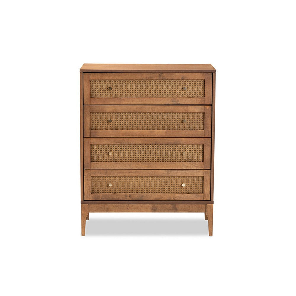 Baxton Studio Ramiel Mid-Century Modern Ash Walnut Finished Wood and Rattan 4-Drawer Chest WHI-MG9005-Ash-Walnut-Rattan-4DW-Chest