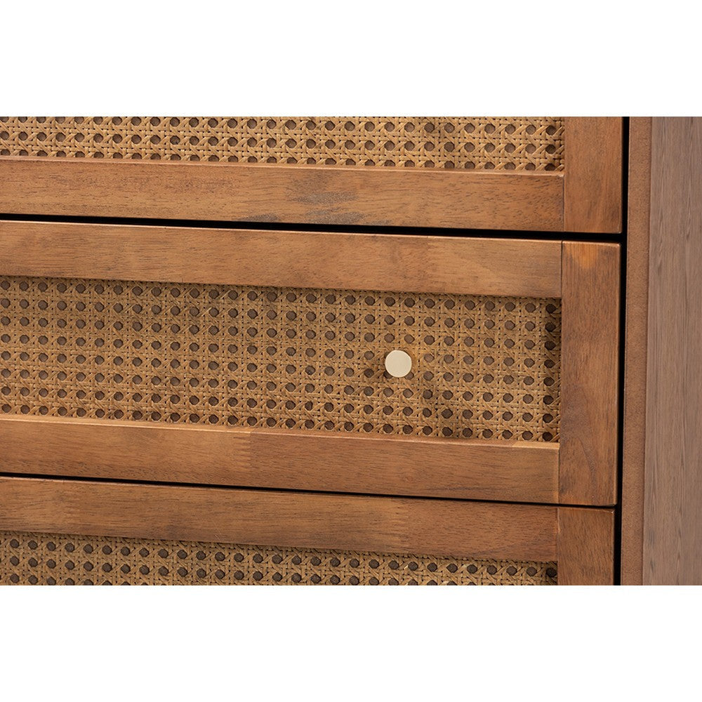 Baxton Studio Ramiel Mid-Century Modern Ash Walnut Finished Wood and Rattan 4-Drawer Chest WHI-MG9005-Ash-Walnut-Rattan-4DW-Chest