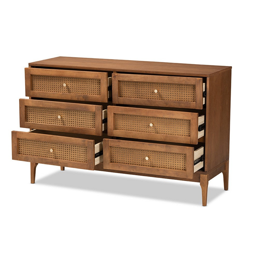 Baxton Studio Ramiel Mid-Century Modern Ash Walnut Finished Wood and Rattan 6-Drawer Dresser WHI-MG9005-Ash-Walnut-Rattan-6DW-Dresser