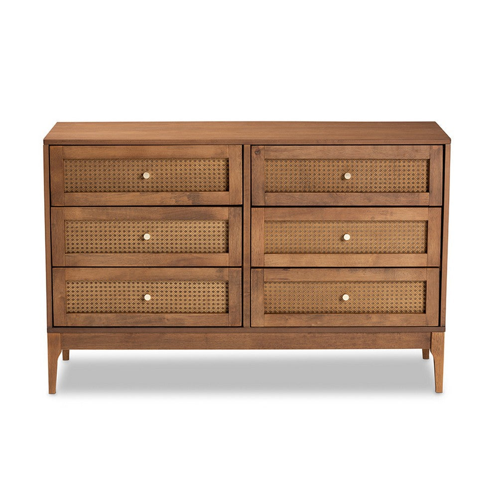 Baxton Studio Ramiel Mid-Century Modern Ash Walnut Finished Wood and Rattan 6-Drawer Dresser WHI-MG9005-Ash-Walnut-Rattan-6DW-Dresser