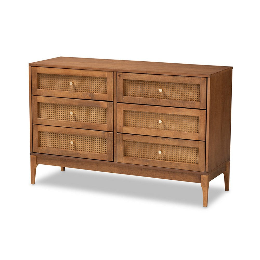 Baxton Studio Ramiel Mid-Century Modern Ash Walnut Finished Wood and Rattan 6-Drawer Dresser WHI-MG9005-Ash-Walnut-Rattan-6DW-Dresser