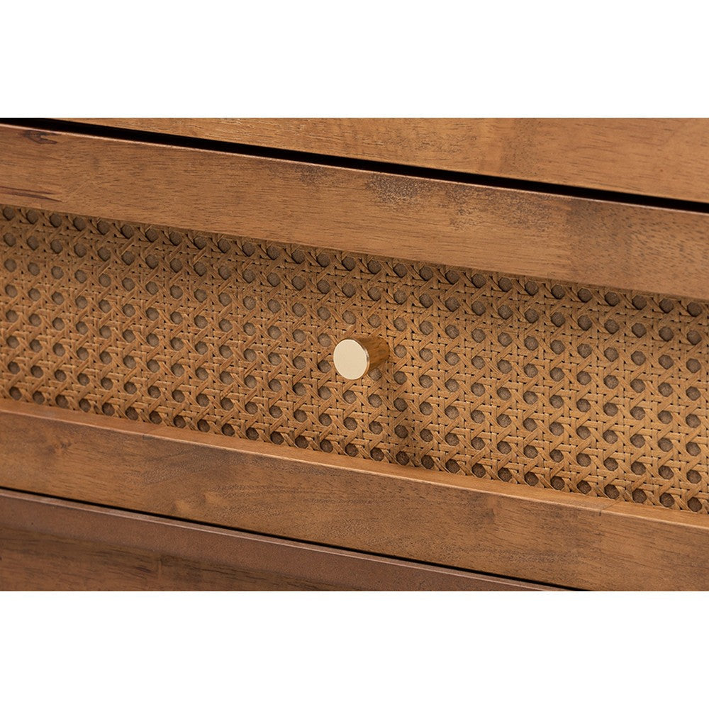 Baxton Studio Ramiel Mid-Century Modern Ash Walnut Finished Wood and Rattan 6-Drawer Dresser WHI-MG9005-Ash-Walnut-Rattan-6DW-Dresser
