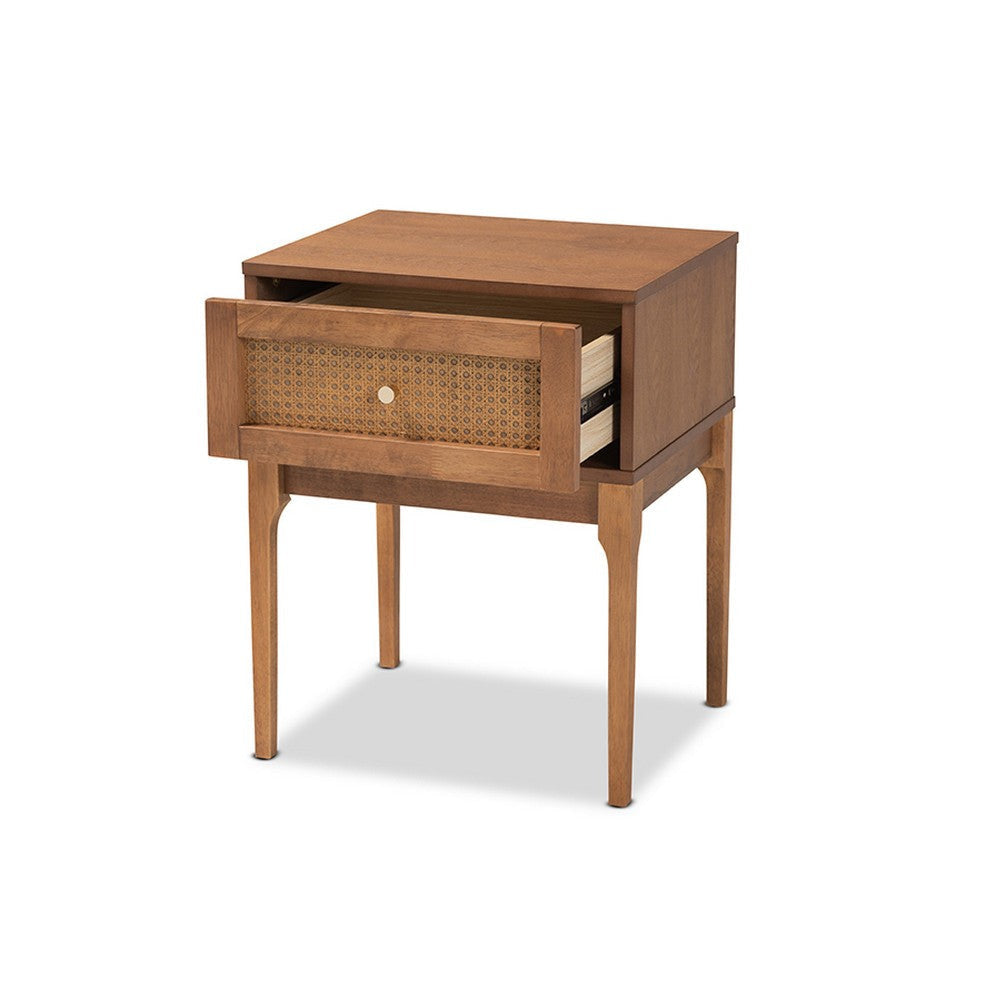 Baxton Studio Ramiel Mid-Century Modern Ash Walnut Finished Wood and Rattan 1-Drawer Nightstand WHI-MG9005-Ash-Walnut-Rattan-NS