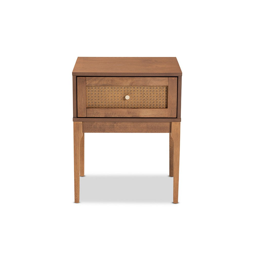 Baxton Studio Ramiel Mid-Century Modern Ash Walnut Finished Wood and Rattan 1-Drawer Nightstand WHI-MG9005-Ash-Walnut-Rattan-NS
