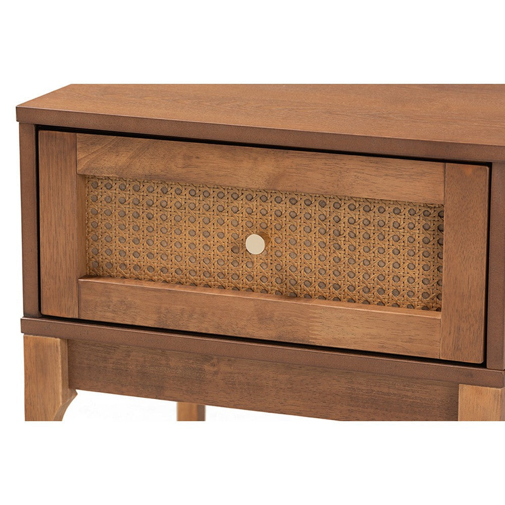 Baxton Studio Ramiel Mid-Century Modern Ash Walnut Finished Wood and Rattan 1-Drawer Nightstand WHI-MG9005-Ash-Walnut-Rattan-NS