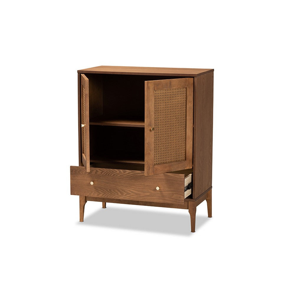 Baxton Studio Ramiel Mid-Century Modern Ash Walnut Finished Wood and Rattan 1-Drawer Sideboard WHI-MG9005-Ash-Walnut-Rattan-Sideboard