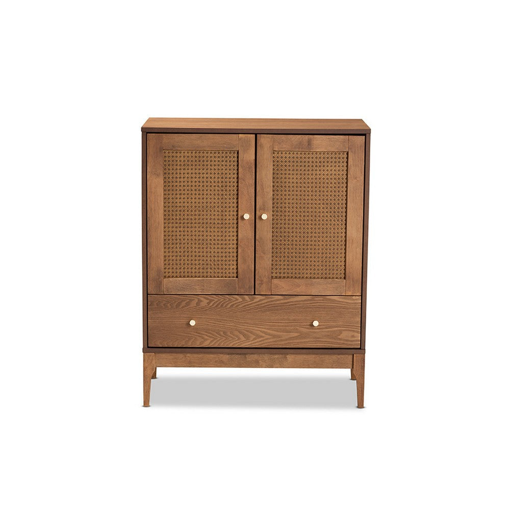 Baxton Studio Ramiel Mid-Century Modern Ash Walnut Finished Wood and Rattan 1-Drawer Sideboard WHI-MG9005-Ash-Walnut-Rattan-Sideboard