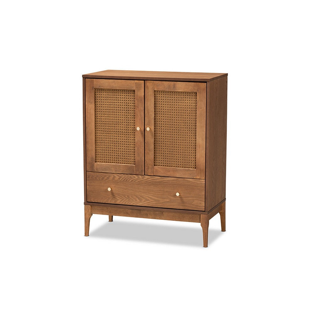 Baxton Studio Ramiel Mid-Century Modern Ash Walnut Finished Wood and Rattan 1-Drawer Sideboard WHI-MG9005-Ash-Walnut-Rattan-Sideboard