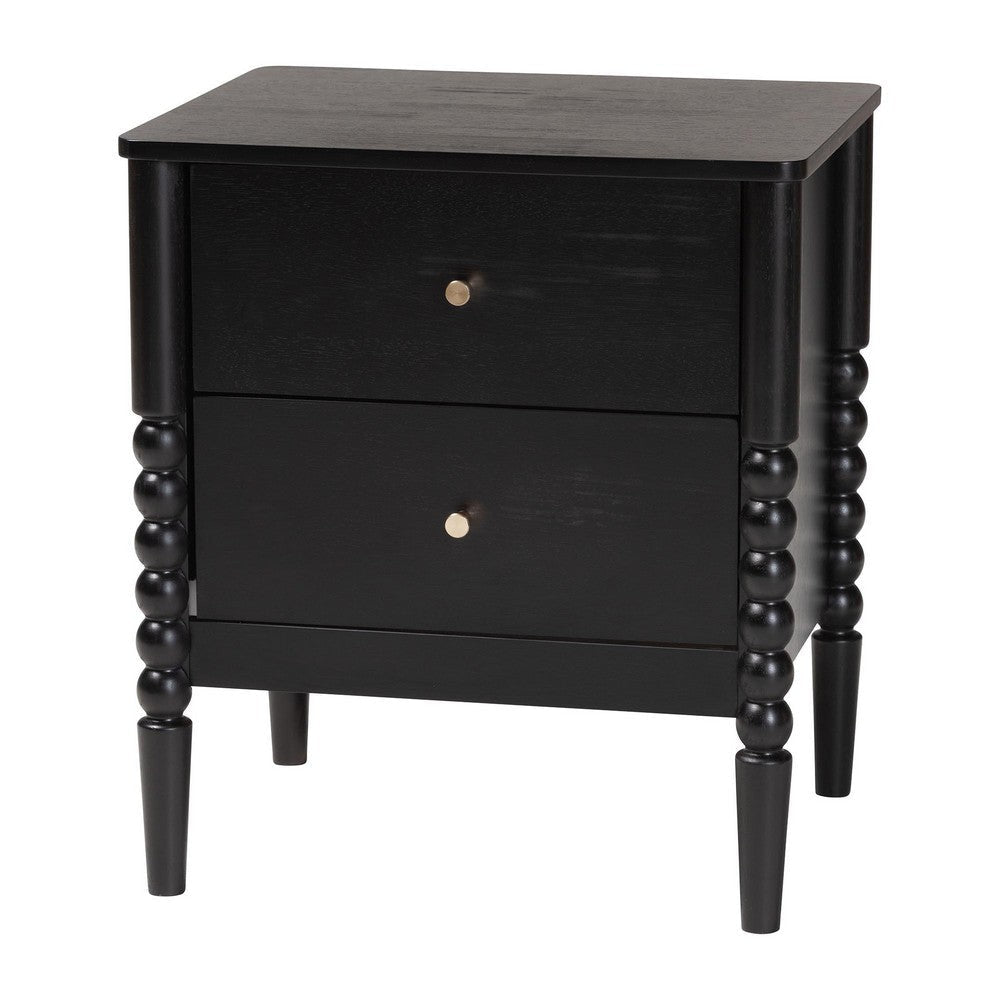 Baxton Studio Lucera Mid-Century Black 2-Drawer Bobbin Nightstand WHI-MG9011-Black-2DW-NS