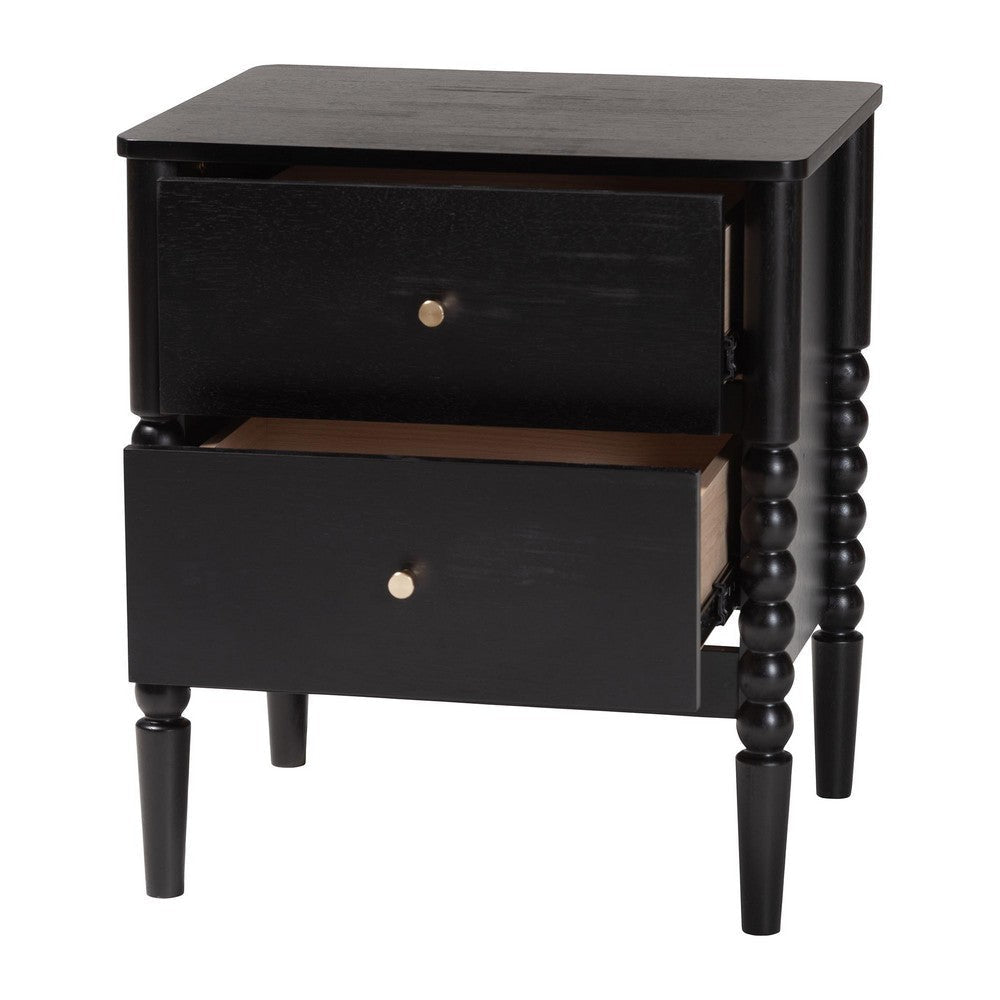 Baxton Studio Lucera Mid-Century Black 2-Drawer Bobbin Nightstand WHI-MG9011-Black-2DW-NS