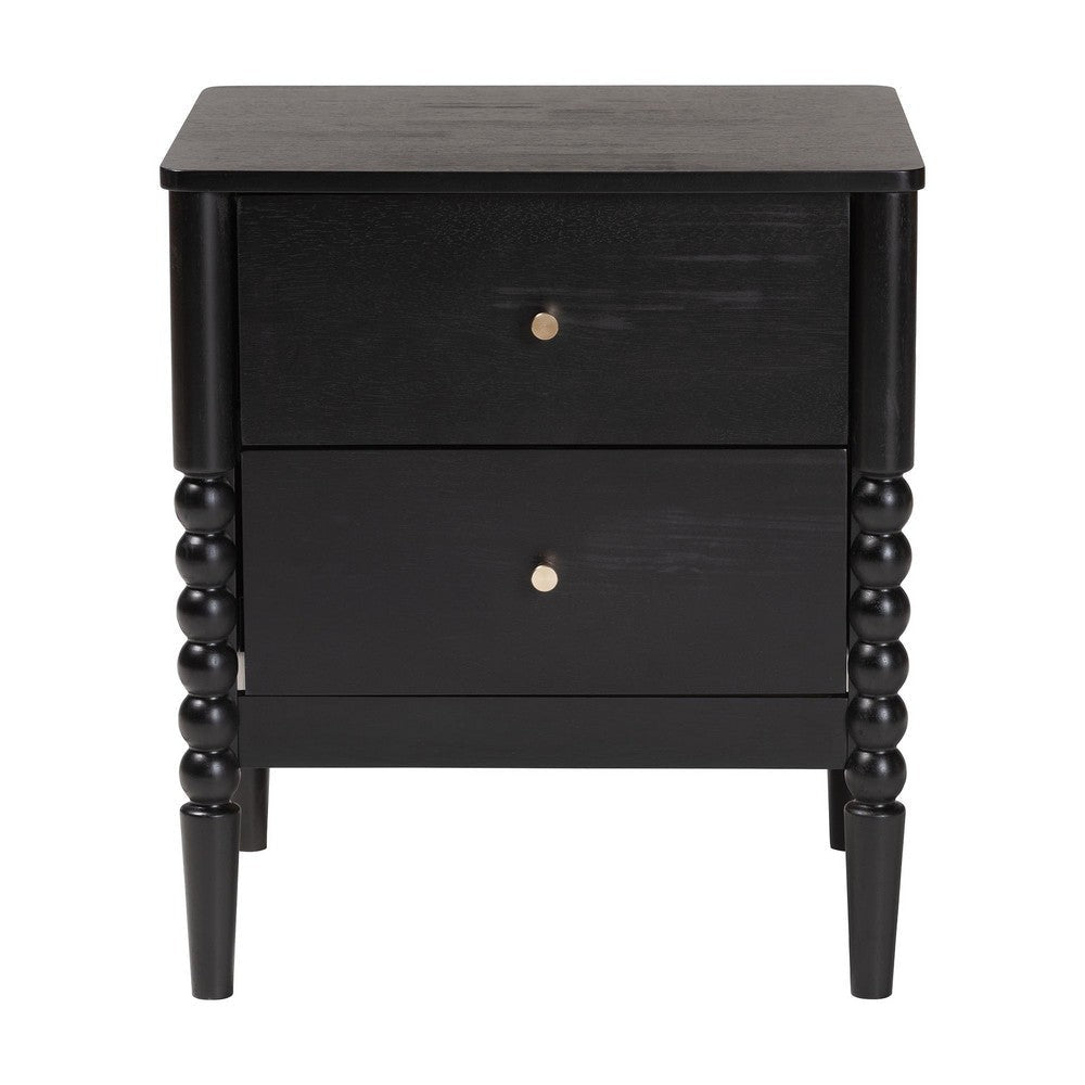 Baxton Studio Lucera Mid-Century Black 2-Drawer Bobbin Nightstand WHI-MG9011-Black-2DW-NS