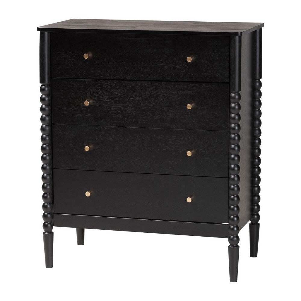 Baxton Studio Lucera Mid-Century Black Bobbin Wood 4-Drawer Chest WHI-MG9011-Black-4DW-Chest