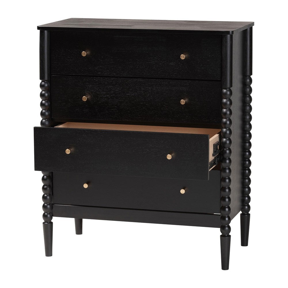 Baxton Studio Lucera Mid-Century Black Bobbin Wood 4-Drawer Chest WHI-MG9011-Black-4DW-Chest