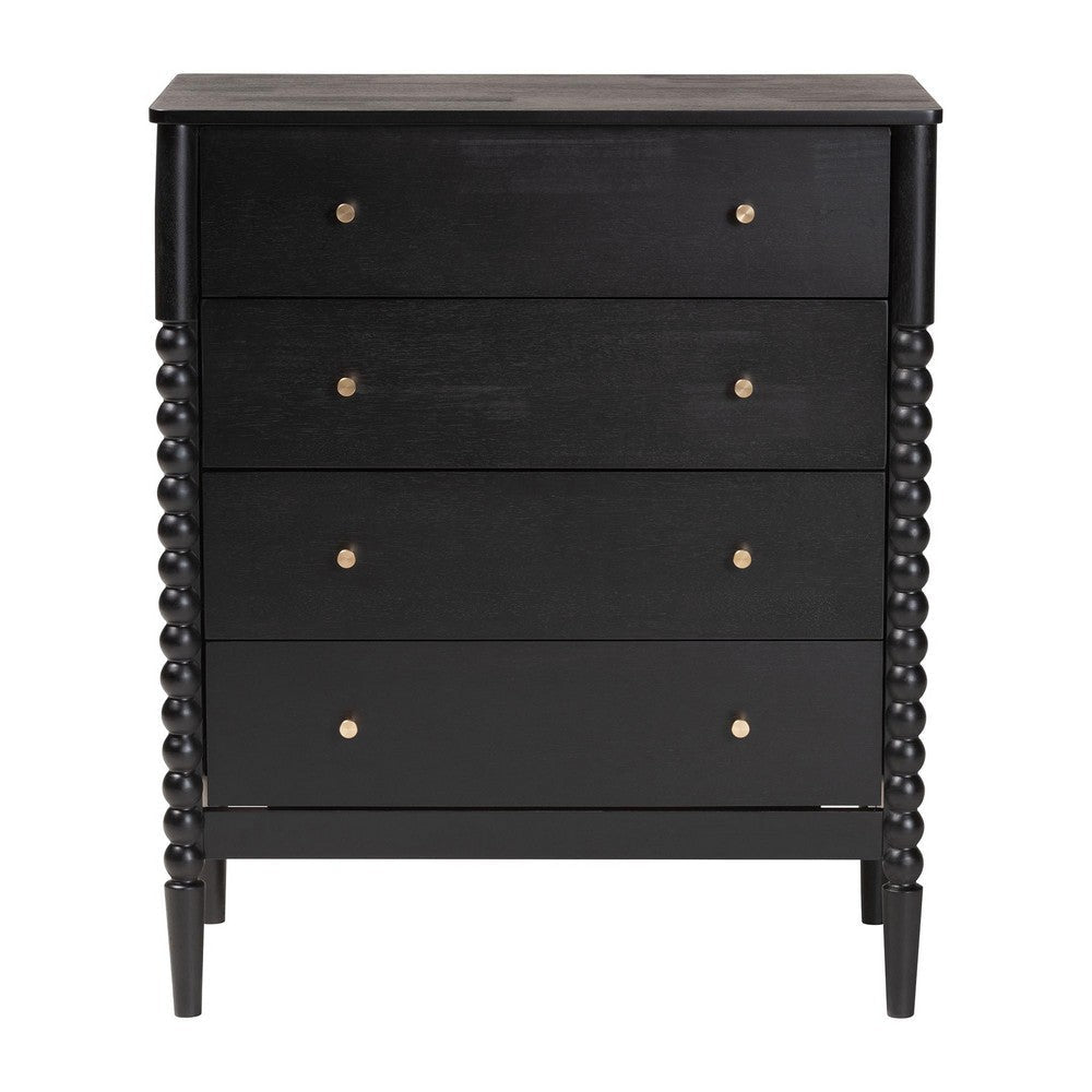 Baxton Studio Lucera Mid-Century Black Bobbin Wood 4-Drawer Chest WHI-MG9011-Black-4DW-Chest