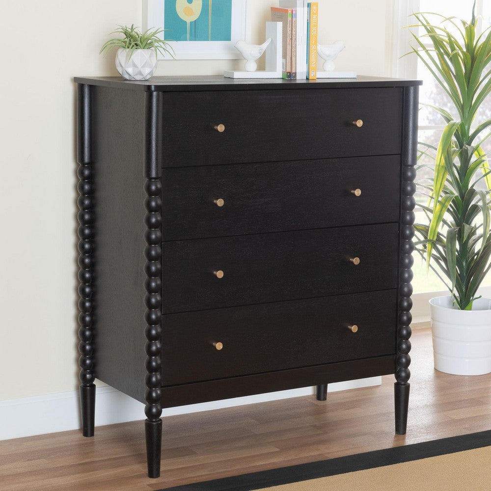 Baxton Studio Lucera Mid-Century Black Bobbin Wood 4-Drawer Chest WHI-MG9011-Black-4DW-Chest
