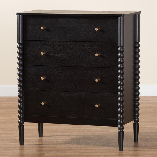 Baxton Studio Lucera Mid-Century Black Bobbin Wood 4-Drawer Chest