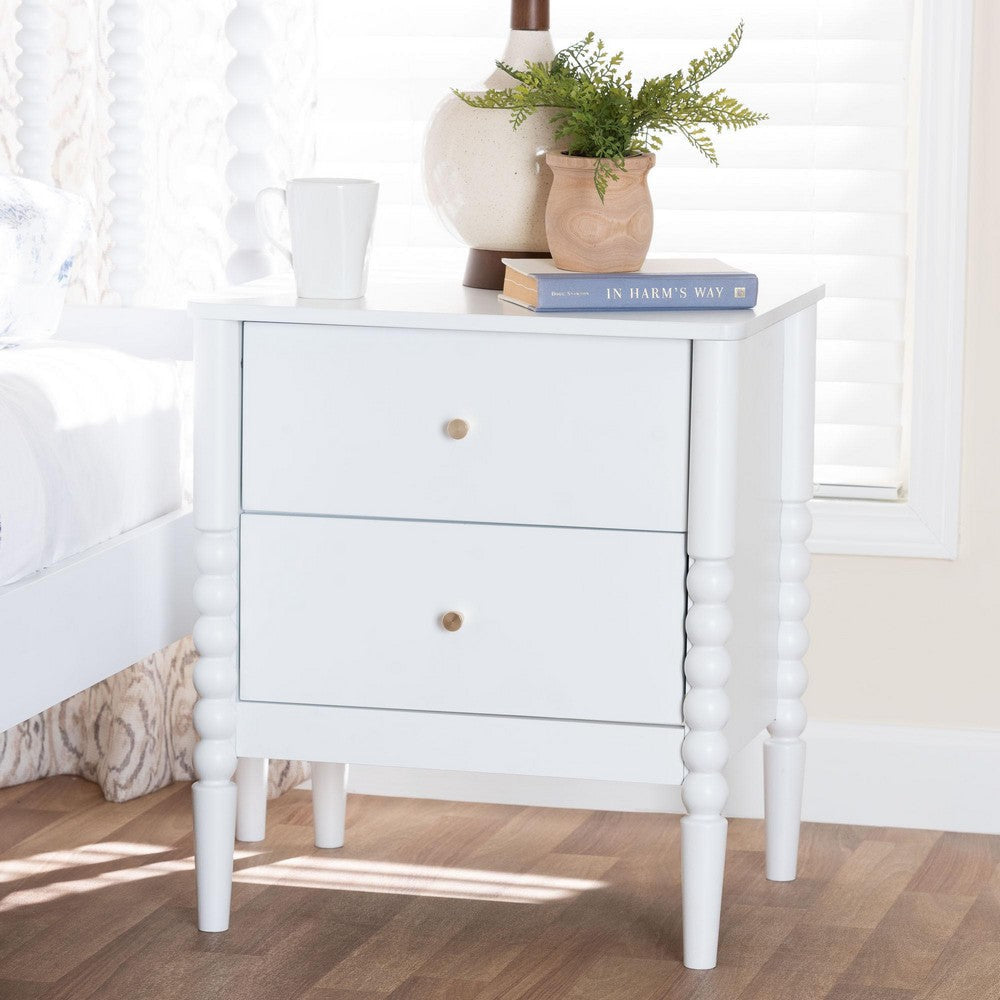 Baxton Studio Lucera Mid-Century White 2-Drawer Bobbin Nightstand WHI-MG9011-White-2DW-NS